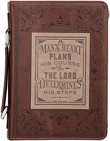 Christian Art Gifts Men's Classic Bible Cover A Man’s Heart Proverbs 16:9, Brown/Tan Faux Leather, Medium