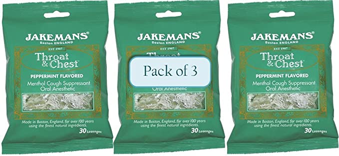 Jakemans Throat and Chest Lozenges, Peppermint, 30 Count (Pack of 3)