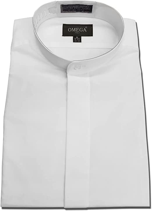 OmegaTux Men’s Banded Collar(Mandarin Collar) White Dress Shirt, Non Pleat