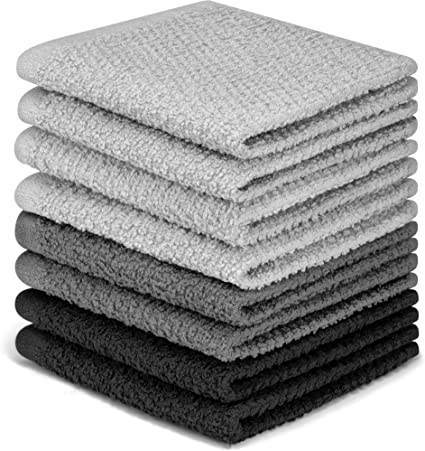 DecorRack 8 Pack Kitchen Dish Towels, 100% Cotton Wash Cloth, Luxurious Soft, 12x12 inch Ultra Absorbent, Machine Washable Washcloths, Gray (8 Pack)