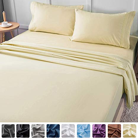 LIANLAM Queen Bed Sheets Set - Super Soft Brushed Microfiber 1800 Thread Count - Breathable Luxury Egyptian Sheets 16-Inch Deep Pocket - Wrinkle and Hypoallergenic-4 Piece(Ivory, Queen)