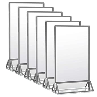 HIIMIEI 4x6 Acrylic Sign Holder with 3mm Silver Borders and Vertical Stand, Acrylic Silver Frames for Wedding Table Numbers and Desk Menu Stand(6 Pack)