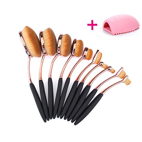 10pcs Soft Oval Toothbrush Design Makeup Brushes Sets Powder Blush Concealer Brush Makeup Cosmetics Tool Kit with Brush Egg (Black/Golden Color)