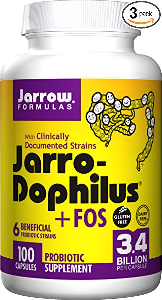 Jarro-Dophilus   FOS, Supports Intestinal and Immune Health, 3.4 Billion Organisms Per Cap, 100 Count (Cool Ship, Pack of 3)