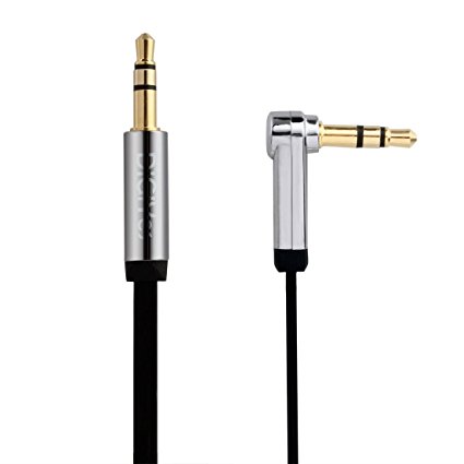 DiGiYes 1M/3Ft 3.5mm Auxiliary Audio Jack to Jack Flat Cable 90 Degree Right Angle for iPhone / iPad / Smartphones / Tablets / Media Players, 24K Gold Plated Male to Male, Tangle-Free