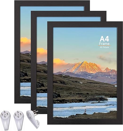 Set of 3 Black A4 Photo Frames, Freestanding and Wall Mountable A4 Picture Frames, Black A4 Frame with Mount & Plexiglass Window, Poster Frame A4 Black Frame for Table Top and Wall Mounting