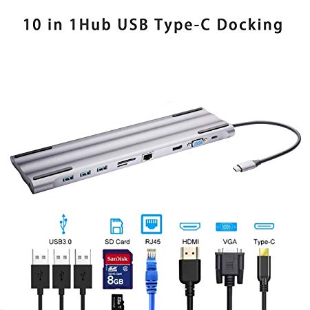 USB C Hub, DOTSOG 10-in-1 Type C Hub with Ethernet Port, 1 VGA,1 RJ454K, USB C to HDMI, 3 USB 3.0 Ports, SD/TF Card Reader, USB-C Power Delivery, Portable for Mac Pro and Other Type C Laptops