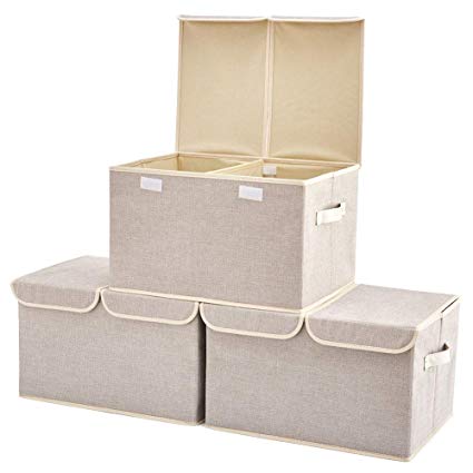 Large Storage Boxes [3-Pack] EZOWare Large Linen Fabric Foldable Storage Cubes Bin Box Containers with Lid and Handles for Nursery, Closet, Kids Room, Toys, Baby Products (Silver Gray)