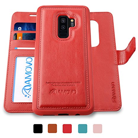 AMOVO Galaxy S9 Plus Case [2 in 1], Samsung Galaxy S9 Plus Wallet Case [Detachable Wallet Folio] [Premium Vegan Leather] Samsung S9 Plus Flip Case Cover with Gift Box Package (Red, S9 )