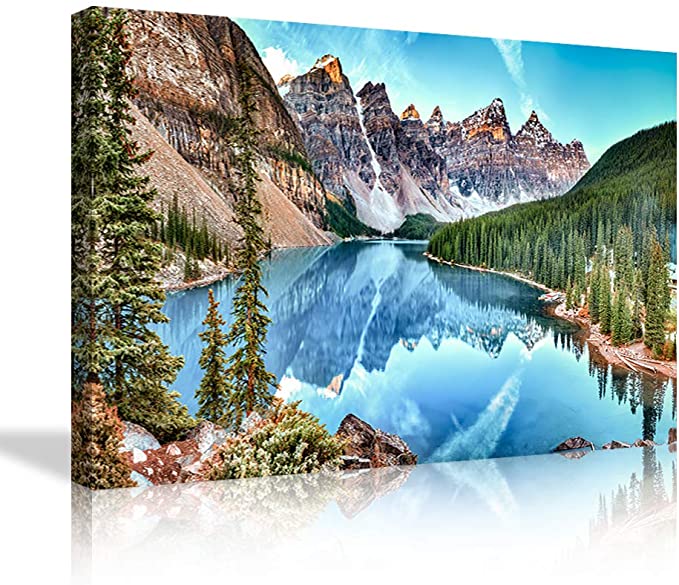 Contemporary Nature Canvas Wall Art Decor Posters Prints Moraine Lake and Rocky Mountains Artwork for Living Room Home Ready to Hang