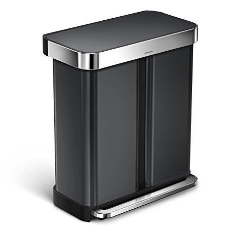 simplehuman Recycler Dual Compartment Step Trash Can, 58 L /15 gallon, Black Stainless Steel