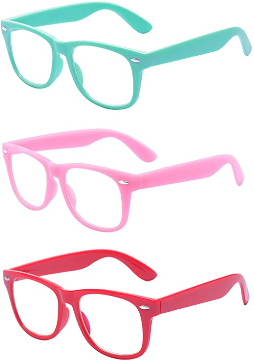 ALWAYSUV 3 Pack Blue Light Computer Blocking Glasses Nerd Retro Transparent Lens Eyewear for Kids/Teens 3-10 Ages