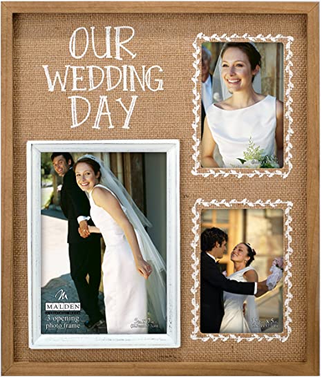 Malden International Designs Burlap Wall Sentiments Silkscreened "Our Wedding Day" Picture Frame, 3 Option, 2-4x6 & 1-5x7, Tan