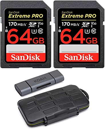 SanDisk 64GB Extreme PRO 170 MB/s UHS-I SDXC Memory Card (2-Pack) with Koah PRO Storage Case and SD Reader Bundle (3 Items)