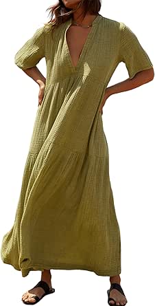 R.Vivimos Womens Summer Cotton Flowy Maxi Dress Short Sleeve V Neck Empire Waist Boho Tiered Ruffle Casual Loose Long Dresses