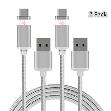 Magnetic USB Type C Cable, Nylon Braided Cable Charger High Speed Synchronous Data Transfer LED Indicator Adapter for Samsung S8 S8  Macbook LG G5 G6 Google Honor 8 Typec Device (2Pack)