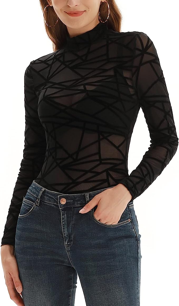 Kate Kasin Women's Mesh Tops Long Sleeve Sheer Blouse Sexy Shirt High Neck Clubwear