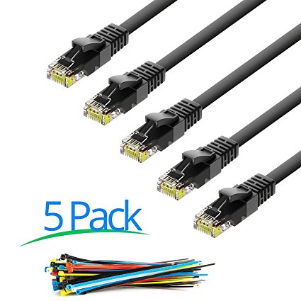 Maximm Cat6 Snagless Ethernet Cable 0.5 feet (6" Inch) - Black - 5-Pack Internet RJ45 Gigabit Cat6e Lan Cable With Snagless Connectors For Fast Network & Computer Networking   Cable Ties