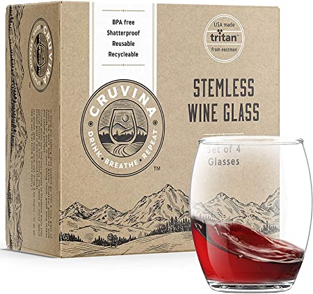 Unbreakable Stemless Plastic Wine Glasses: Shatterproof Tritan Cups, Ideal for Indoor and Outdoor Use, Elegant and Practical, 13 Ounce Glass Set of 4 by Cruvina