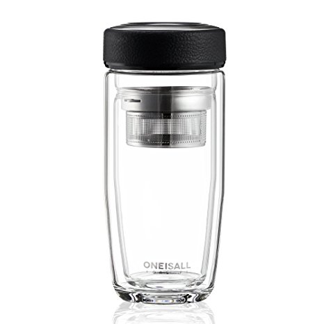 ONEISALL GYBL015 380ML Glass Drinking Water Bottle, Ultra Clear Spill-proof Strong Double-wall Borosilicate Glass Tea Tumbler with Strainer, 490G