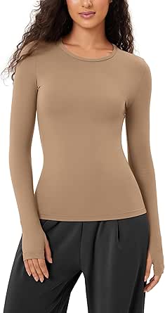 ODODOS Cloud Feeling Long Sleeve Shirts with Thumb Hole for Women Crew Neck Yoga Tee Workout Tops