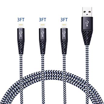 High Speed Cell Phone Charger Cable Nylon Braided 3 Pack 3FT 3FT 3FT USB Fast Charging Cord Compatible with iPhone Xs XS MAX XR 8 Plus 8 7 Plus 7 6 Plus 6s Plus 6s 6 5s 5 5c Bynccea Black White