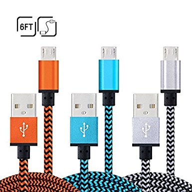 Micro USB Cable, Ailkin Premium 3-Pack Colorful Nylon Braided 6FT USB 2.0 A Male to Micro B Charge Cable for Samsung Galaxy S7, S6, HTC, LG, Sony, Blackberry, PS4, HP, Nokia and More Android Device