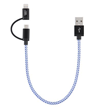 [Apple MFi Certified] CableCreation 2-in-1 Lightning to USB Data Sync Charge Cable, Lightning Micro USB 2-in-1 Cable for iPhone 6 6S 6Plus iPad Air mini Samsung & More, Blue and White,0.25M/0.8FT.