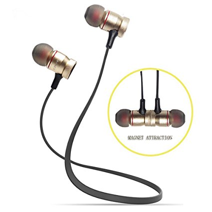 Bluetooth Headset, Sweatproof V4.0 Wireless Bluetooth Earphones In-Ear Noise Cancelling Headphones Earbuds with Microphone & Stereo for Running Sports with Magnet Attraction (Golden)