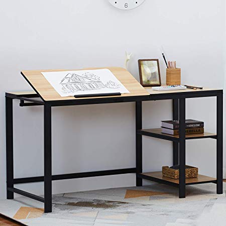 Sedeta Tiltable Drawing Table, 55” Large Drafting Table, Adjustable Modern Office Desk with 2-Tier Storage Shelves, Multi-Function Workstation Computer Desk Study Desk Art Desk for Reading, Oak