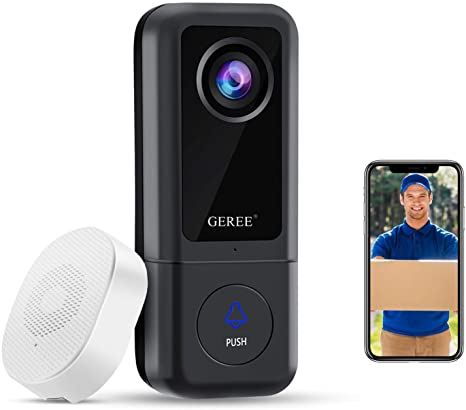 Video Doorbell, GEREE 2K HD WiFi Doorbell Camera IP65 Waterproof with Human Detection, 2-Way Audio, Night Vision, Angle Mount, Chime, 32GB SD Preinstalled, Existing Doorbell Wiring or Supplied Adapter