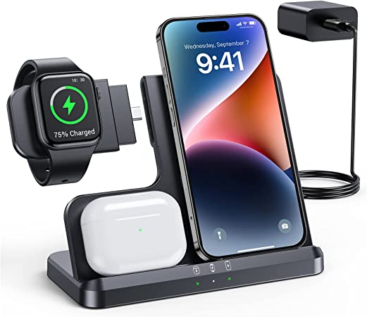 LK Wireless Charging Station 3 in 1 Wireless Charger Compatible with iPhone 14 13 11 12 Pro Max XR XS 8Plus, Detachable Charger for iWatch 7/6/SE/5/4/3/2, for AirPods Samsung Galaxy S22 Z FILP Fold