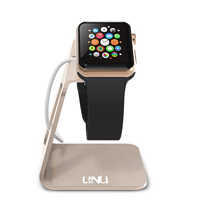 UNU Aluminum Apple Watch Stand Compatible with Apple Watch Series 5/ Series 4 /Series 3 /Series 2/ 44mm /42mm /40mm /38mm - Nightstand Mode Compatible Dock (Cable Not Included) - Champagne Gold