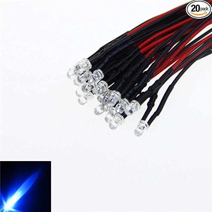 ALITOVE 20pcs 3mm 12V Blue Pre Wired LED Prewired 20cm Bulb Lamp Light For DIY Car Boat Toys Party Lighting Project Blue