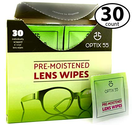 Pre-Moistened Lens Cleaning Wipes - 30 Cloths - Safely Cleans Glasses, Sunglasses, Camera Lenses, and Electronic Quickly & Efficiently - Travel - by Optix 55