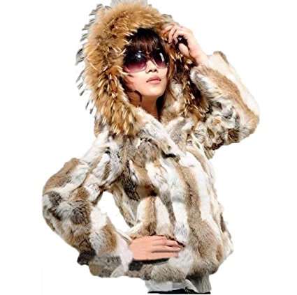 100% Real rabbit women's fur short fur coat With a large raccoon fur collar hat
