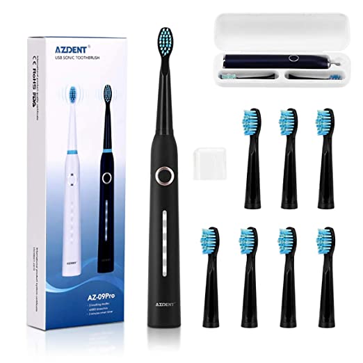 AZDENT Sonic Electric Toothbrush for Adults, Teeth Cleaning Kit 8 Brush Heads Travel Case Included, 5 Modes Whitening USB Rechargeable Toothbrush with Smart Timer, IPX7 Waterproof, Black