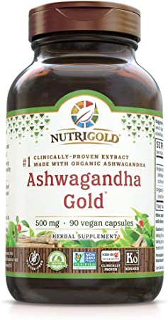 NutriGold Organic Ashwagandha Gold, 500 mg, 90 Plantcaps - Clinically-Proven, Non-GMO, Full-Spectrum Root Standardized Extract Powder Supplement