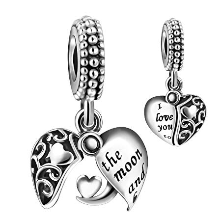 ANGEMIEL 925 Sterling Silver I Love You to The Moon & Back Heart Dangle Openwork Charms Bead for European Snake Chain Bracelets