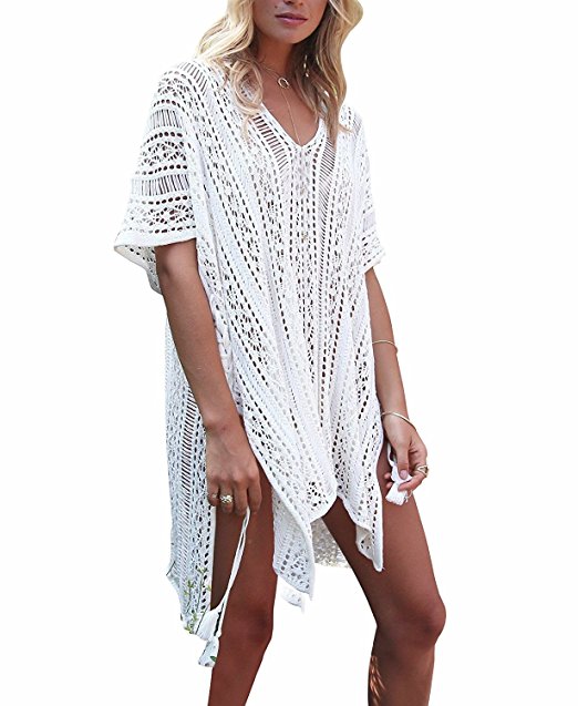 shermie Women's V-Neck Hollow Out Swimwear Swimsuit Cover UPS Plus Size Short Loose Knitted Beach Dresses
