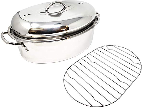 Stainless Steel Oval Lidded Roaster Pan Extra Large & Lightweight | With Induction Lid & Wire Rack | Multi-Purpose Oven Cookware High Dome | Meat Joints Chicken Vegetables 9.5 Quart Capacity