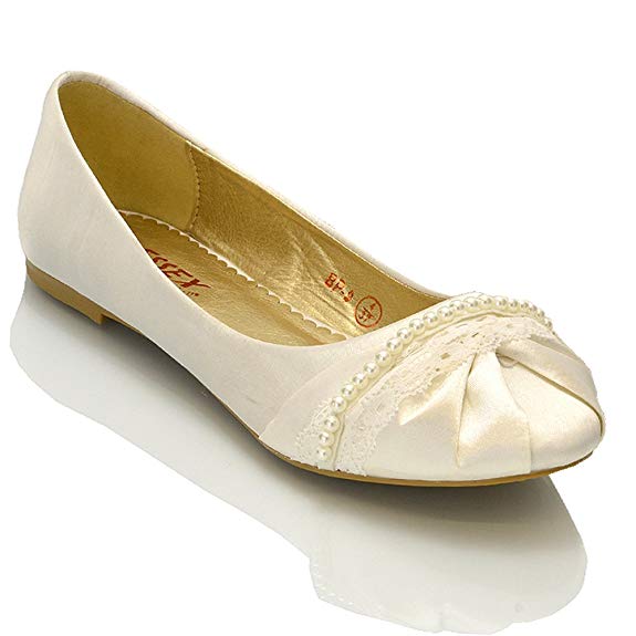 ESSEX GLAM Womens Bridal Shoes Pearl Lace Satin Ladies Flat Ballet Bridesmaid Satin Slip On Pumps Size 3 4 5 6 7 8 9