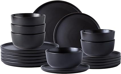 AmorArc Stoneware Dinnerware Sets of 6,Reactive Ceramic Plates and Bowls Set,Highly Chip and Crack Resistant | Dishwasher & Microwave Safe | Round Dishes Set Service for 6 (18pc)-Matte Black