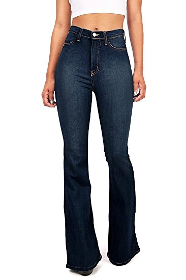 Vibrant Women's Juniors Bell Bottom High Waist Fitted Denim Jeans