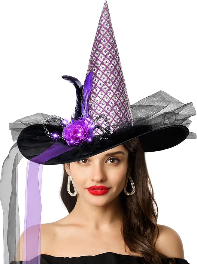 LiRainhan Halloween Witch Hat for Women-Girls Purple Witch Hats with LED Flower Feathers Witches Hat for Costume Party Cosplay Decorations(Purple)