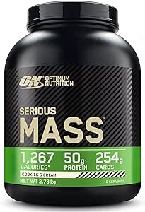 Optimum Nutrition Serious Mass Poudre de Protéine Gain de Masse Hautement Calorique avec 25 Vitamines et Minéraux, Créatine Monohydrate et Glutamine, Saveur Cookies & Crème, 8 Portions, 2.73 kg