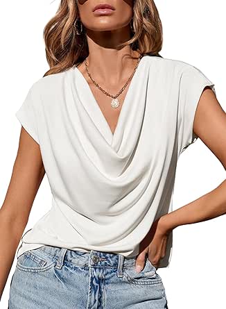 EVALESS Women Summer Casual Cowl Neck Tops Fashion 2024 Short Sleeve Off Shoulder Wrap Tops Blouses