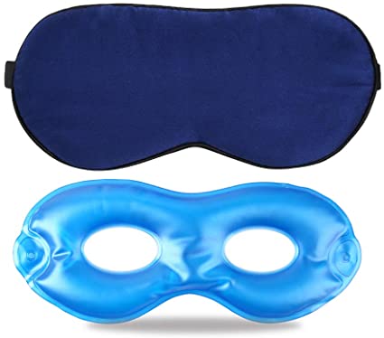 Fitglam Pure Silk Sleep Mask   Reusable Cold/Hot Therapy SPA Gel Eye Mask Set - Improve Sleeping, Alleviate Puffy, Swollen Eyes, Fatigue, Headache and Tension (Navy & Gel)
