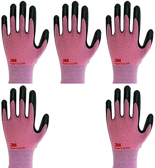 3M Lightweight Nitrile Work Gloves Supegrip200, 3D Comfort Stretch Fit, Durable Power Grip Foam Coated, Smart Touch, Thin Machine Washable, 5 Pairs Pack (Small, Pink)