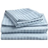 Impressions Genuine Egyptian Cotton 300 Thread Count Twin 3-Piece Bed Sheet Set Deep Pocket Single Ply Sateen Stripe Light Blue